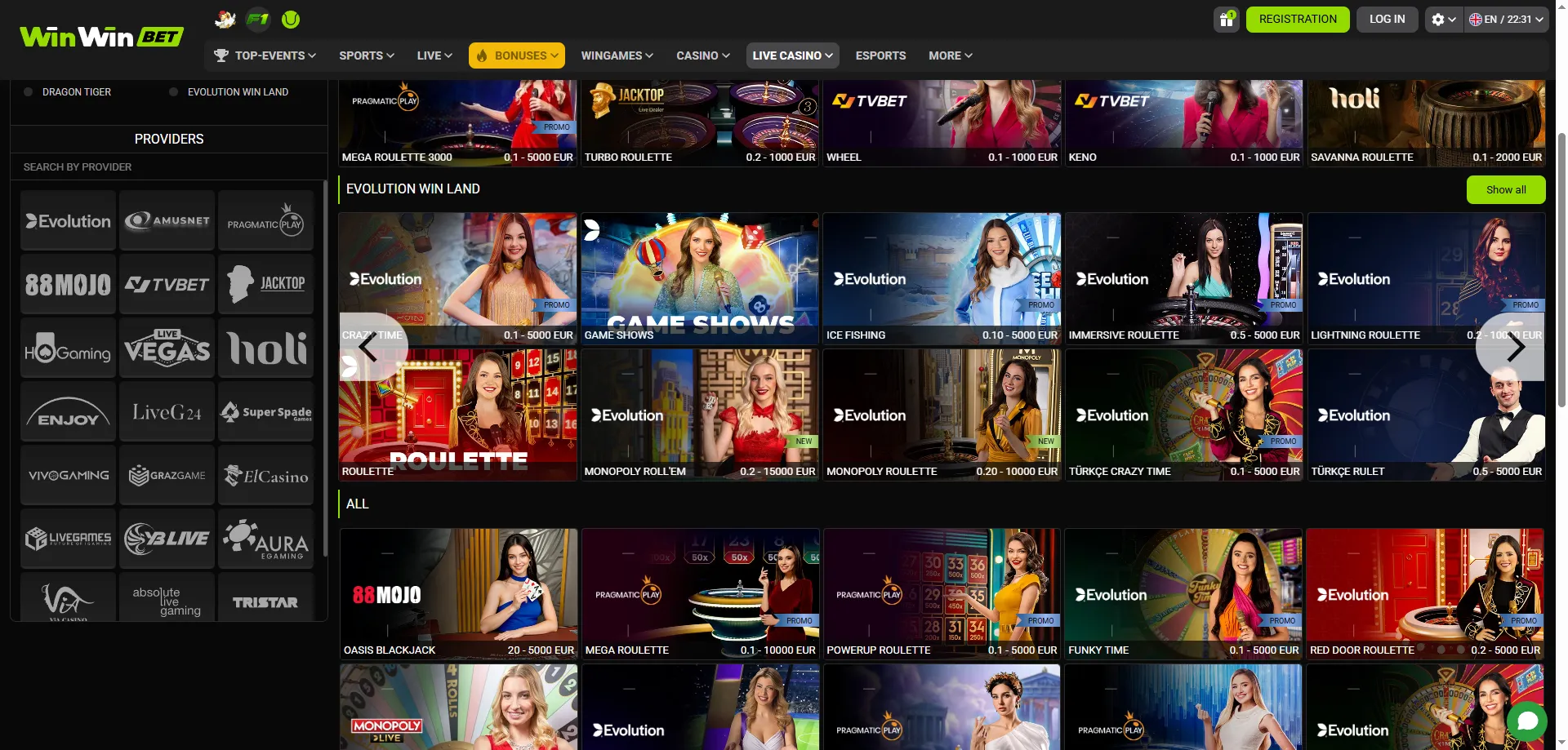 Casino en direct WinWin Bet &mdash; tables avec croupiers en temps r&eacute;el